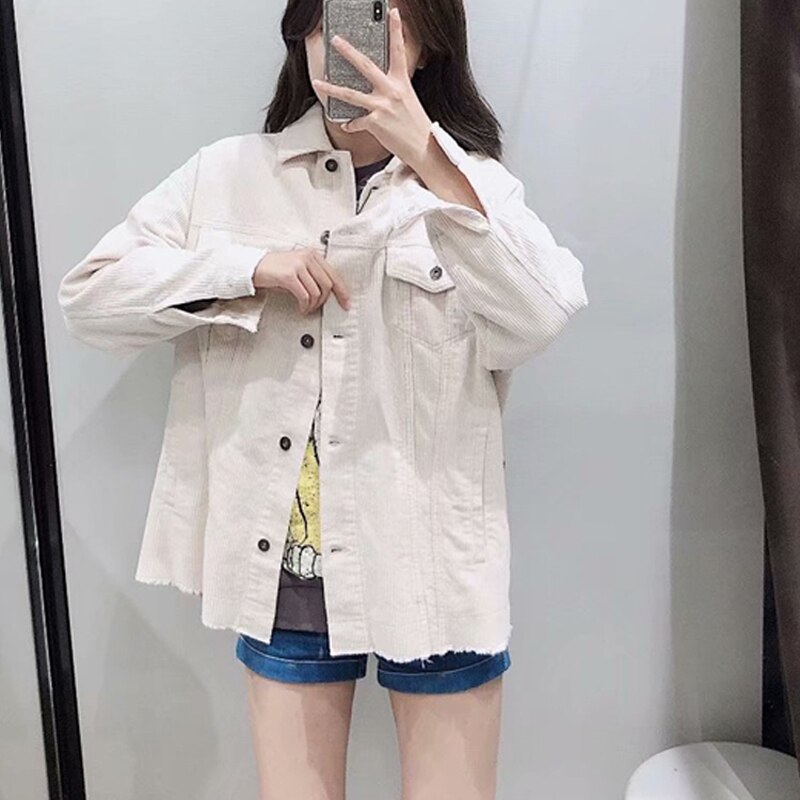 Vintage 4 farve fløjlsjakker frakke kvinder solid langærmet afslappet løst outwear: Off-white / L
