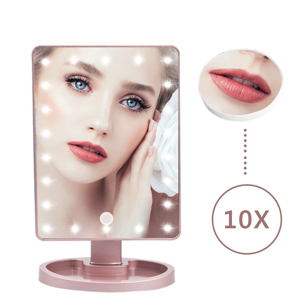 Espejo de maquillaje con 22 luces LED, espejo de aumento de 10X, lámpara de mesa con rotación de 180 grados, brillo iluminado, pantalla táctil, espejo de tocador