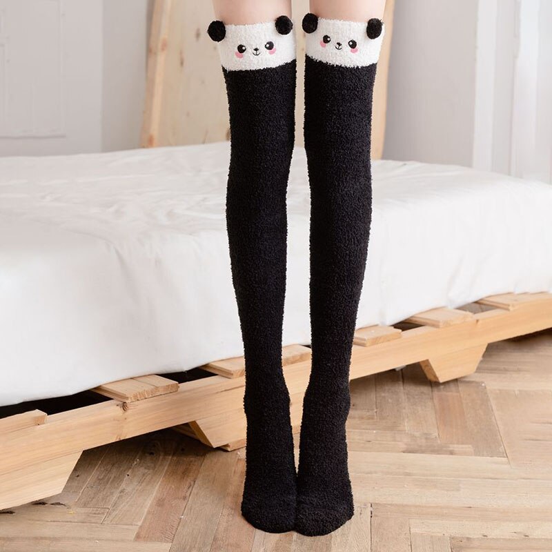 Winter Soft Coral Fleece Women Thigh High Socks Cute Cartoon Animals Panda Cat Bear Over Knee High Ladies Girls Long Socks Home