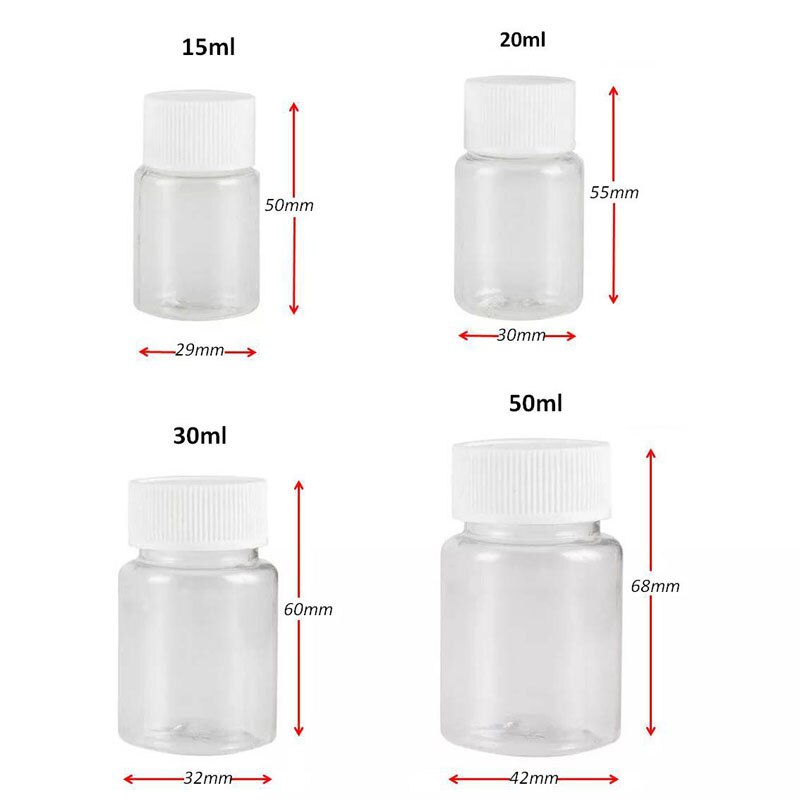 20Pcs 15ml 20ml 30ml 50ml Transparent Plastic PET Refillable Seal Bottles Vials Reagent store Container Plastic Screw cap