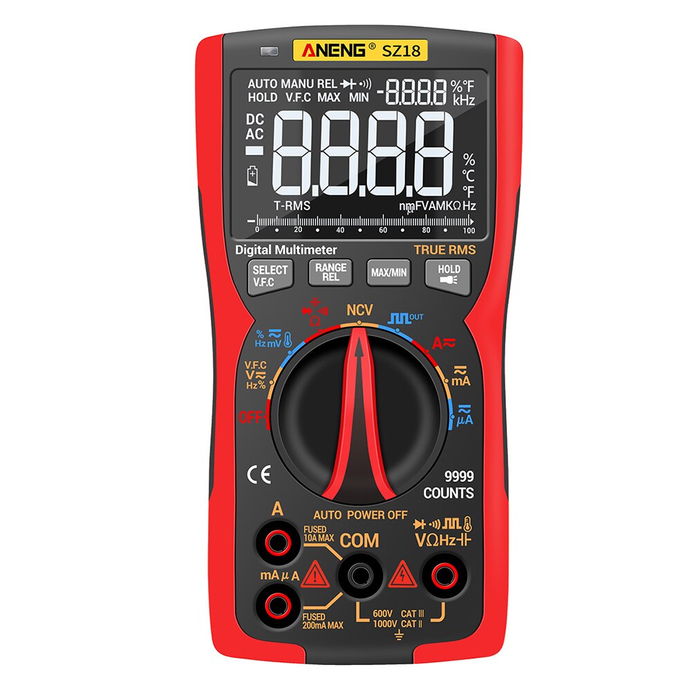 9999 Counts True RMS Automatic Range Voltage Meter ANENG SZ18 Digital Multimeter Tester Meter Capacitance Meter: Red