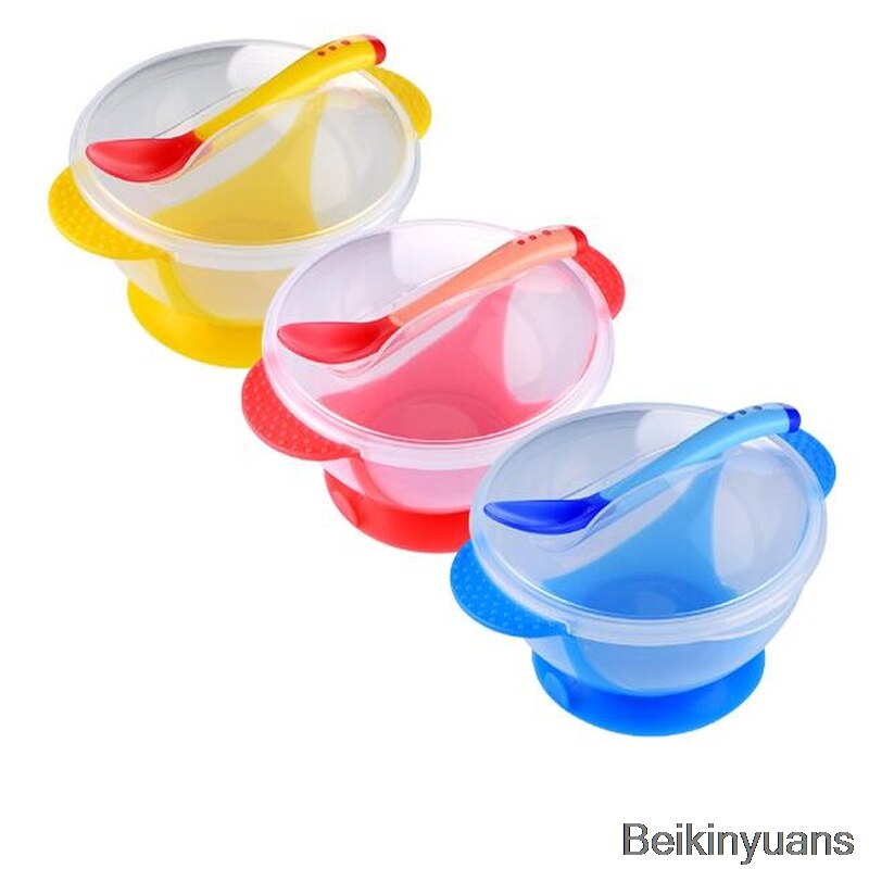 Babybestick 3 stycken / set babysugsservis baby skedskål med temperaturavkänning barnmat matning säker skål servis