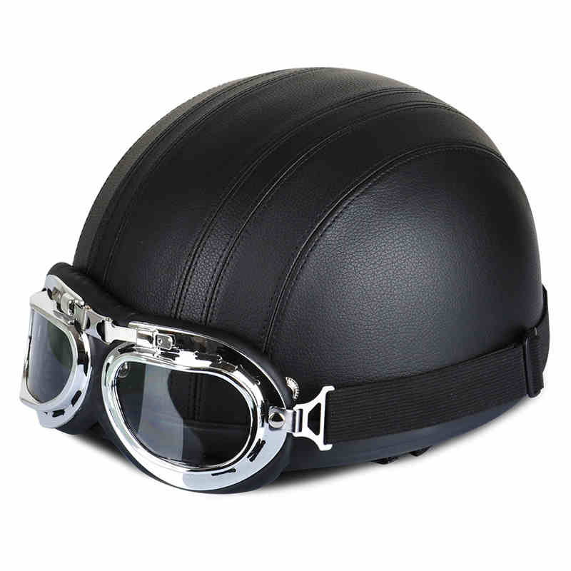 Moto Rcycle Lederen Helm Moto Rbike Riding Vintage Cruiser Touring Half Helmen Moto Fiets Scooter Biker Helm: BLACK