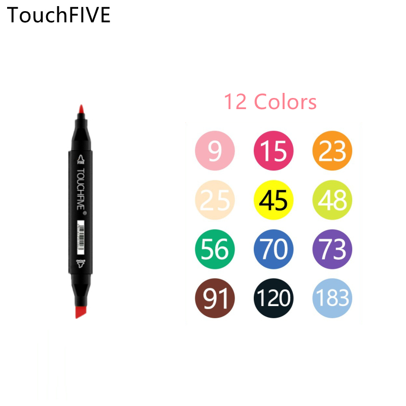 TOUCHFIVE 30/40/60/80/168 Color Markers Set Manga Drawing Markers Pen Alcohol Based Sketch Felt-Tip Twin Brush Pen Art Supplies: Black 12 colors