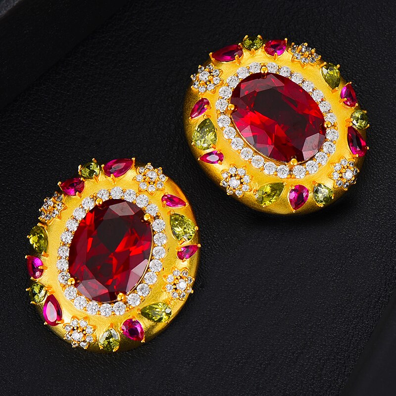 Godki big luxury 3pc armbånd ring øreringe sæt til kvinder bryllup brude cubic zirconia dubai fest smykker boho: Rød ørering