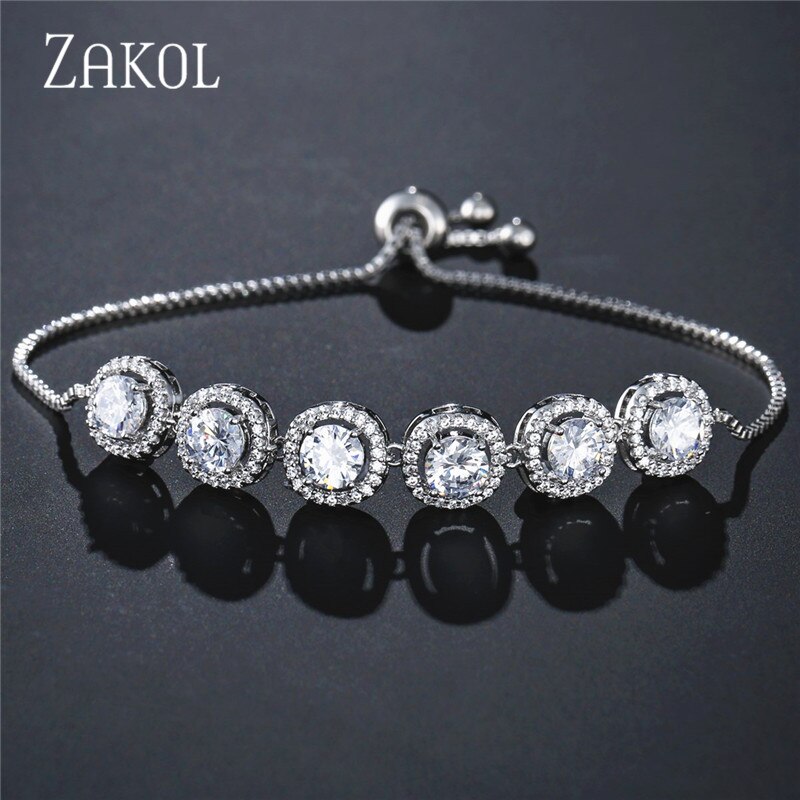 Zakol Mode Ronde Zirconia Verstelbare Ketting Link Armband Met Crystal Vrouwen Armbanden Indiase Sieraden FSBP2067