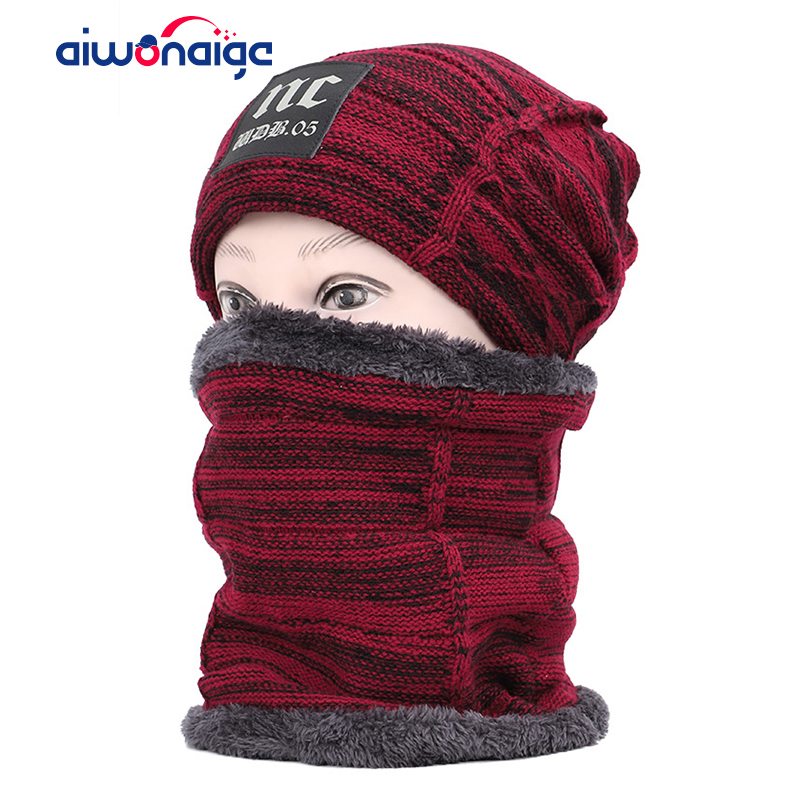 Nc label herr och dam bomullsmössa scarf kostym herr vintermössa scarf 2 delar set plus sammet tjock utomhus varm mössa