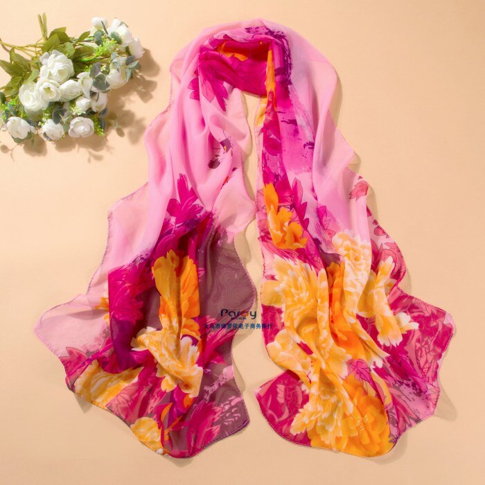 Forår og efterår chiffon kvinder tørklæde print geometrisk mønster lang blød silke sjal: A2