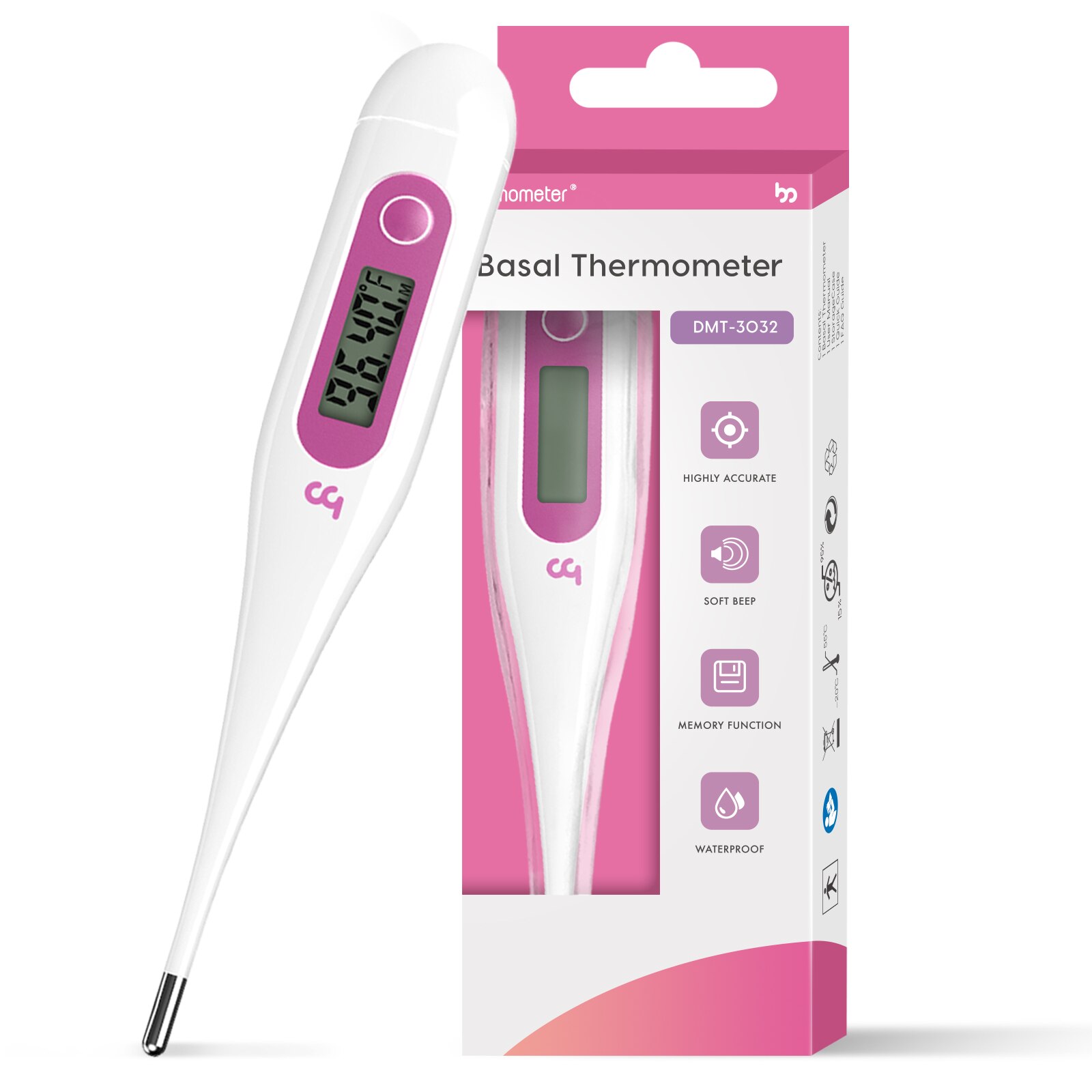 Thermomètre numérique femomètre 1/2 degré, haute précision, avec mémoire, étanche, pour la fièvre, avec boîte: pink