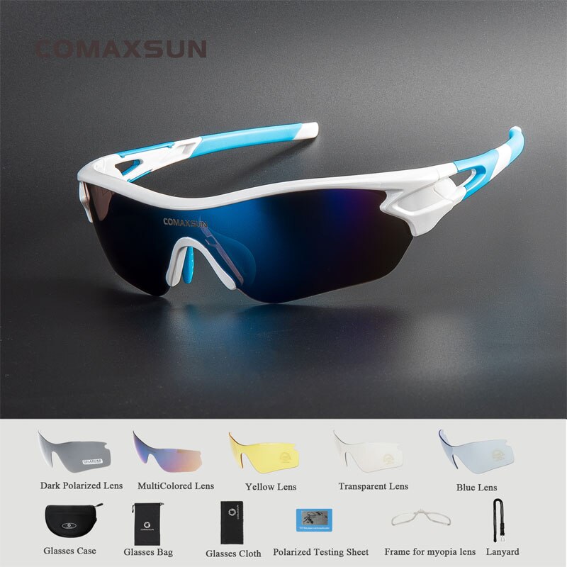 Comaxsun Polarized Sports Men Sunglasses Road Cycling Glasses Mountain Bike Bicycle Riding Protection Goggles Eyewear 5 Len 816: White Blue