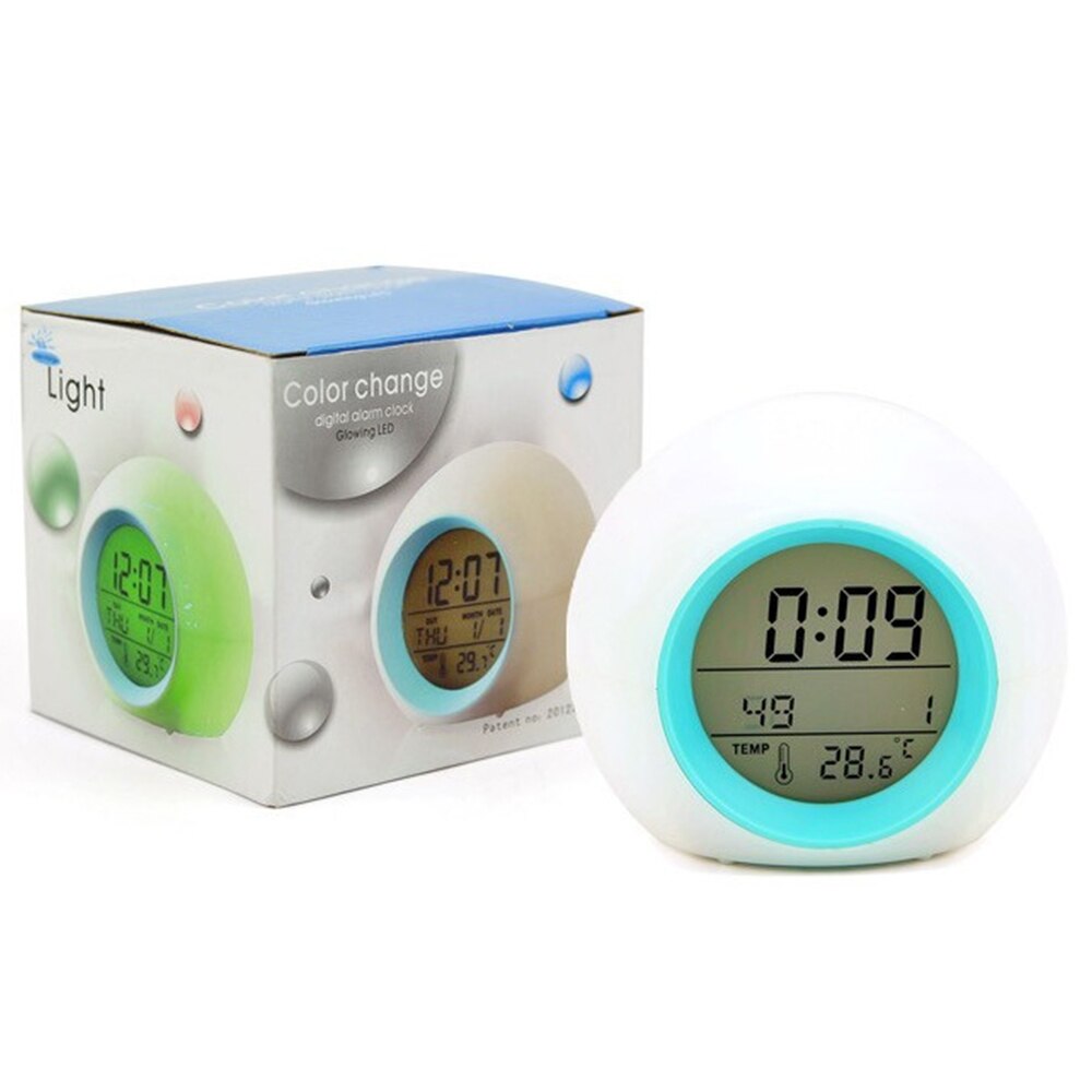 Reloj despertador redondo con luz de fondo para niños, decoración de sonido Natural, , 7 colores, calendario, bola frontal