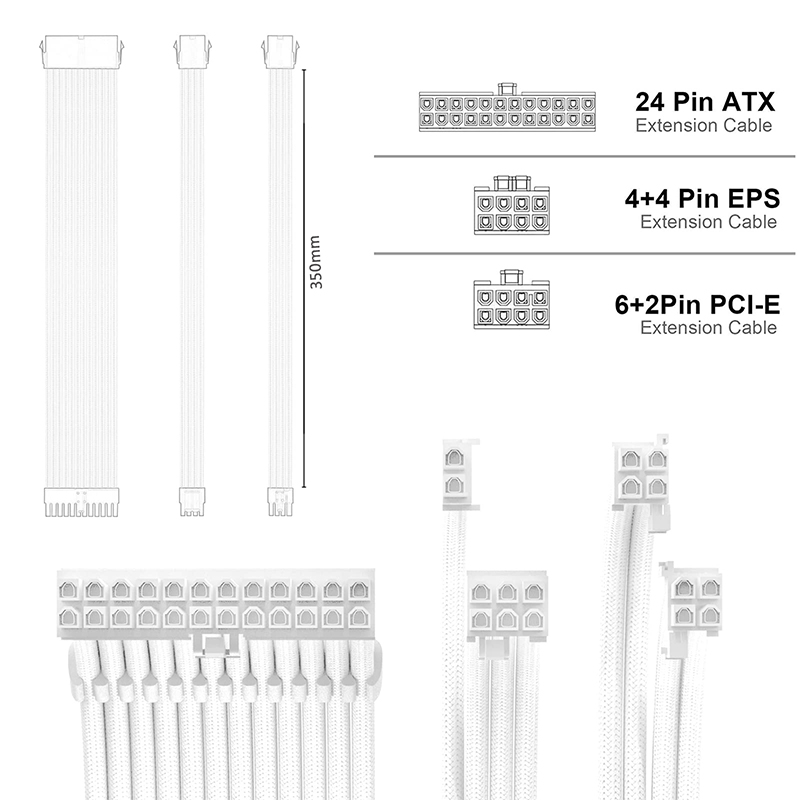 TEUCER 350mm przedłużacz ATX EPS PCI-E do płyty głównej procesora GPU 24PIN 4 + 4PIN 6 + 2PIN 8PIN przedłużacz zasilacza