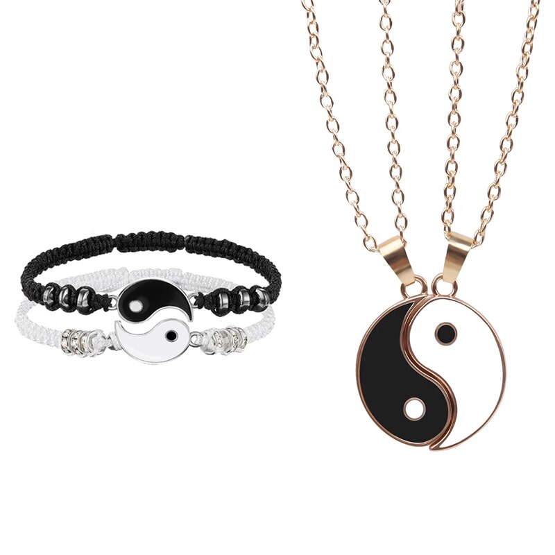 Set di collane per bracciali coppia Tai Chi cinese Fengshui porta fortuna cordoncino di cuoio bracciale intrecciato ciondolo in lega regalo braccialetto intrecciato: Set 01