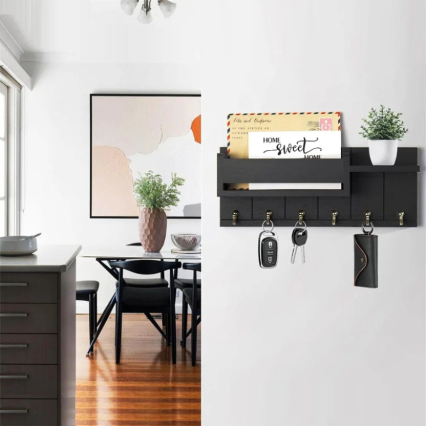 Rustic Decor Wood Wall Shelf with Mail & Key Hooks 6Hook Organizer Suitable for Living Room or Home Entryway