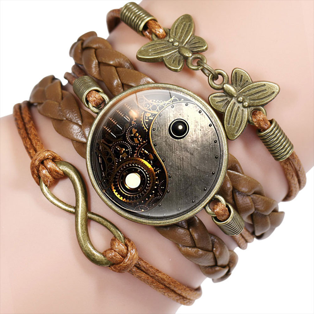 Tai Chi Decor PU Bracelet Yin-Yang Tai Ji Multi-Layer Alloy Wrist Jewelry Knitting Rope Adjustable Length for Men Women AUG889: Hot Stamping