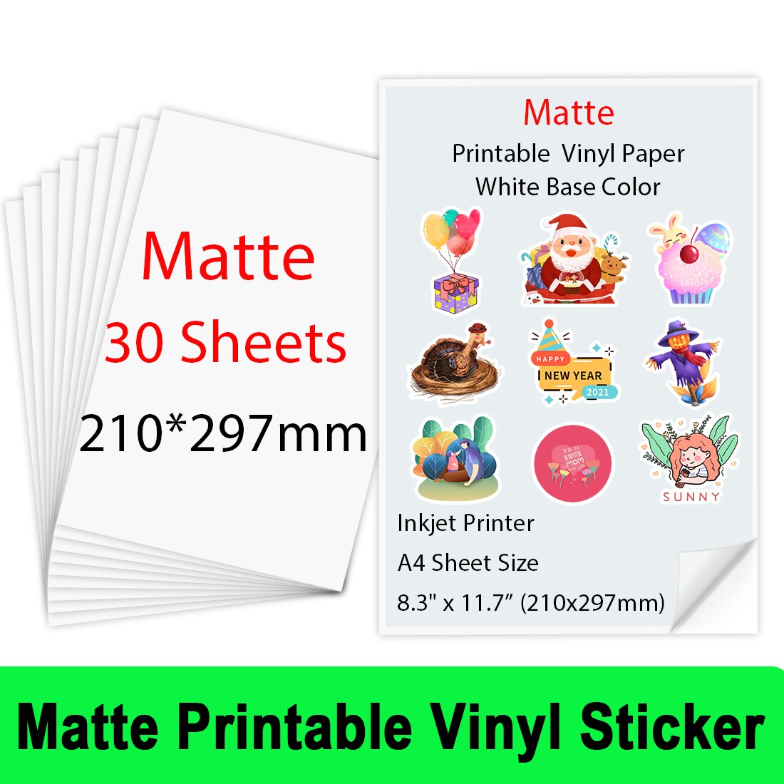 10 /30 Sheets A4 Glossy Self-Adhesive Printable Vinyl Sticker Paper 210*297mm Waterproof Copy Paper for Inkjet printer DIY: Matte-30 Sheets