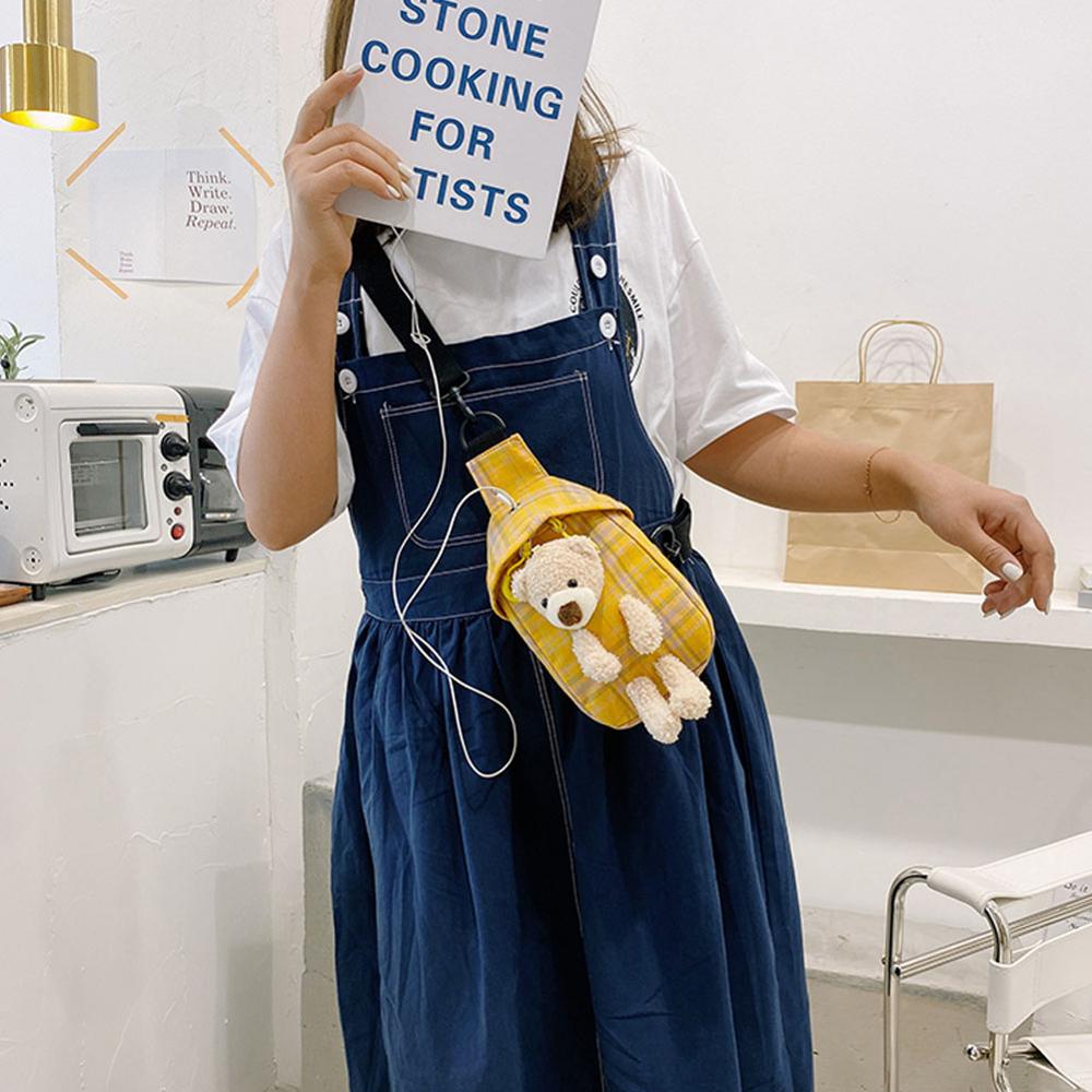 Kvinner søt bjørn rutete messenger bag dame lerretsveske rutete mønster brystveske skulderveske