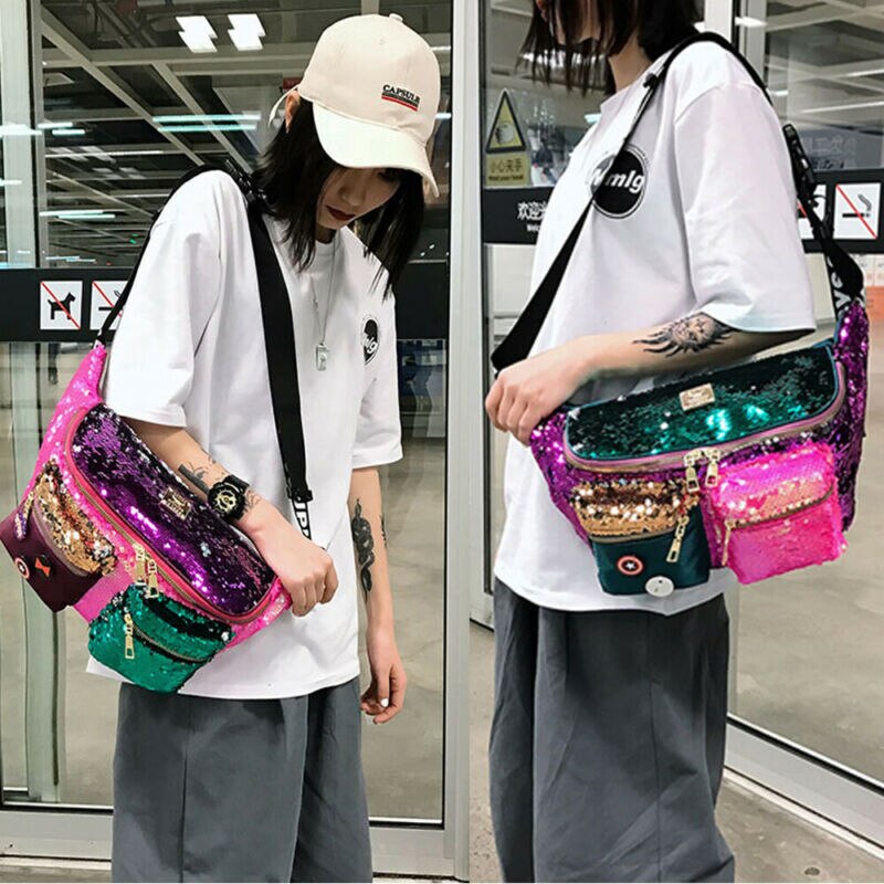 Vrouwen Regenboog Lovertjes Cross Body Sport Reistas Cross Schouder Borst Pakken Taille Packs Kleine Heuptas Fanny Packs hip Bag