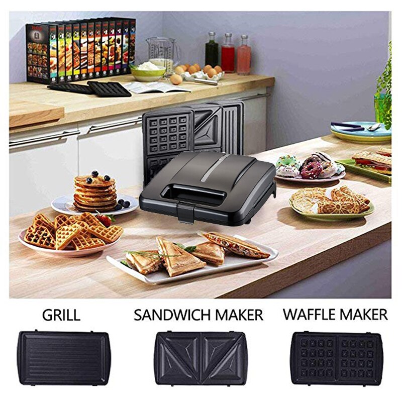 Tostadora de sándwich de 750W, tostadora, horno eléctrico, sartén de cocina extraíble, plato antiadherente, parrilla para panqueques, máquina para hacer conos de gofres