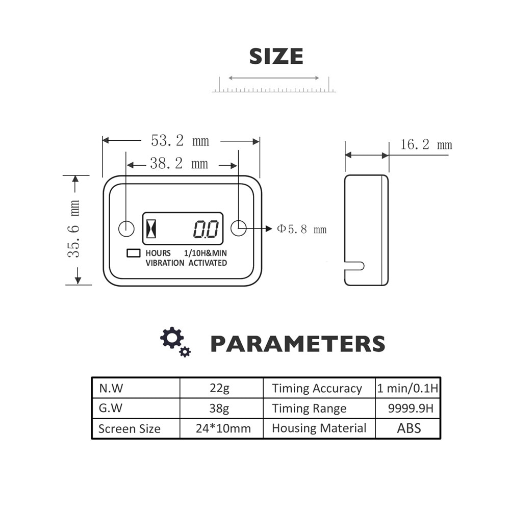 Contaore di vibrazione digitale Wireless indicatore motore impermeabile Display LCD richiudibile Auto Sleep per motore da prato Diesel a 2/4 tempi