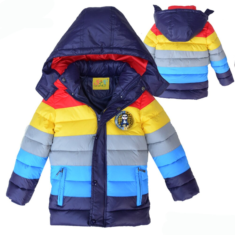 Winter Keep Warm Boys Jacket Long Style Color Stripe Thick Coat For Kids Children Hooded Outerwear Clothes