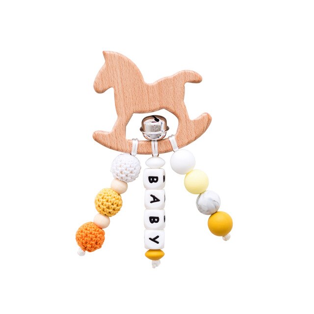 1pc Del bambino Sonaglio tamburo di Legno di Faggio Animale Del Fumetto Giocattoli silicone Massaggiagengive per I Denti Perline Personalizzati Nome Del bambino Fatti A Mano Dentizione Giocattoli: cavallo