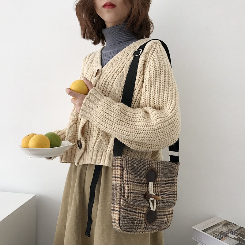 Vrouwen Kleine Wollen Canvas Tassen Schotse Gecontroleerd Hoorn Vintage Plaid Vrouwelijke Schoudertas Dames Casual Schoudertas Doek Portemonnee