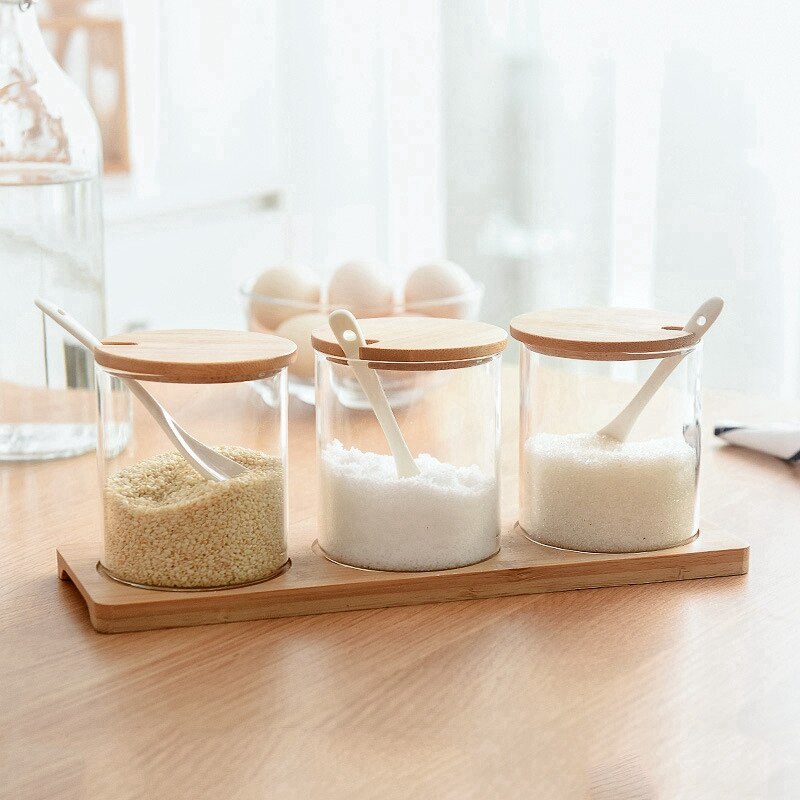 3 Stks/set Glas Kruidkruik Met Lepel Spice Container Organizer Kruiden Blikjes Peper Shaker Opbergdoos Met Lade Keuken