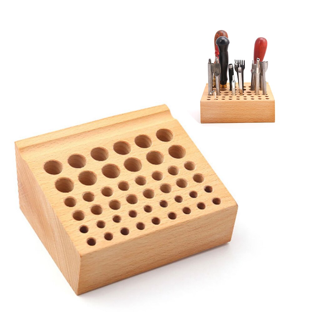 46 Holes Pine Wooden Leathercraft Rack Stand DIY Tamping Punching Tools Holder Organizer Storing Leather Tool Storage Box