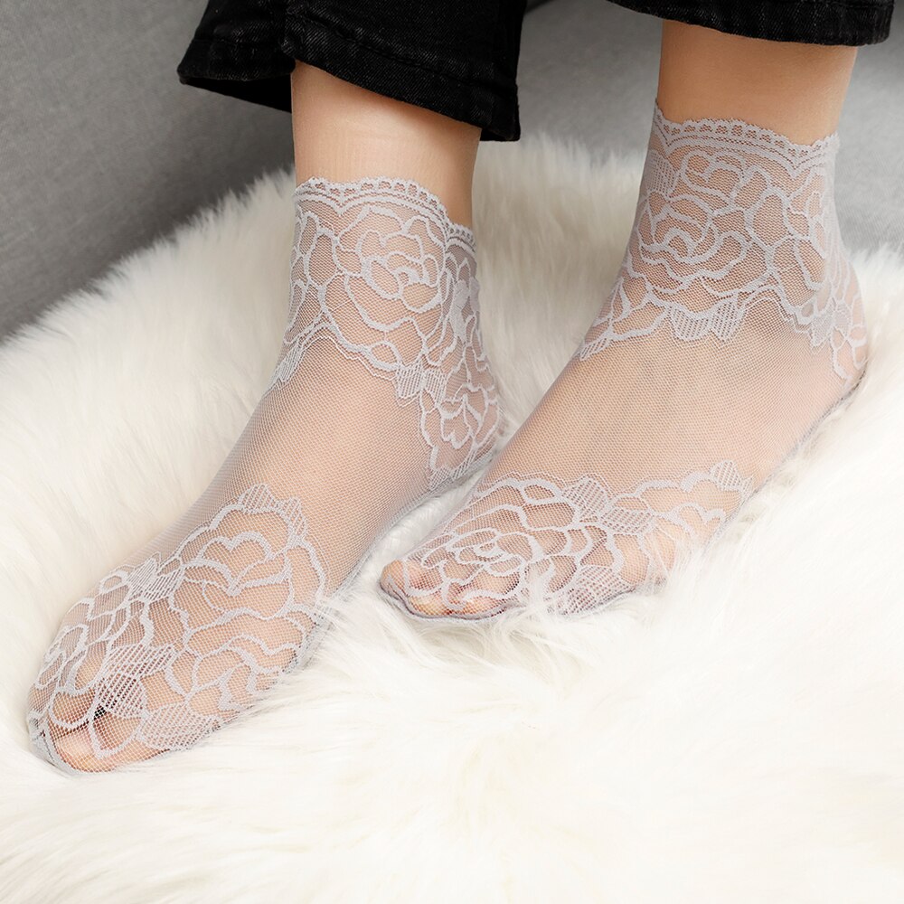 Calcetines tobilleros invisibles antideslizantes para mujer y niña, medias de malla de encaje con flores, elásticas, ultrafinas, 5 pares