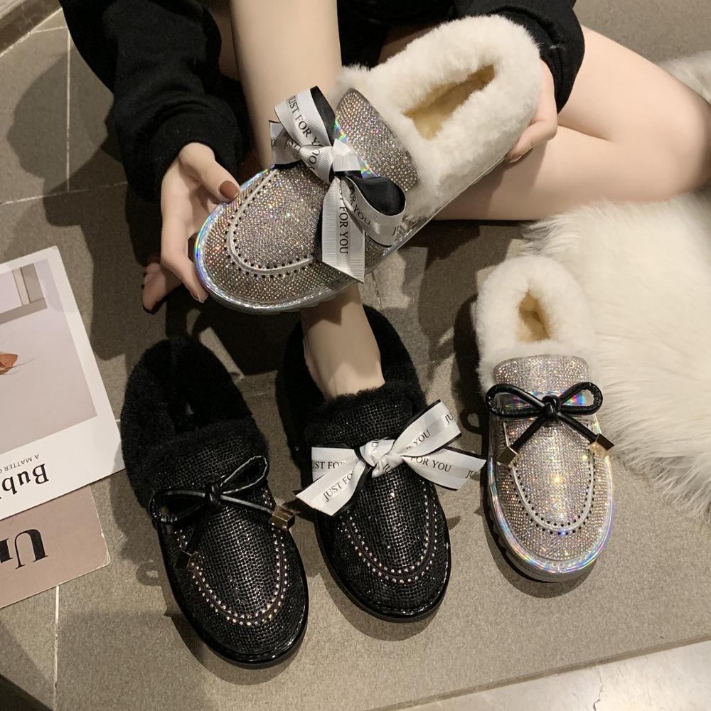 Glänsande kristallpärlor pälslägenheter kvinnor band bowtie plysch vinterskor antisladd strass ull päls mockasin kvinnor bomull loafers