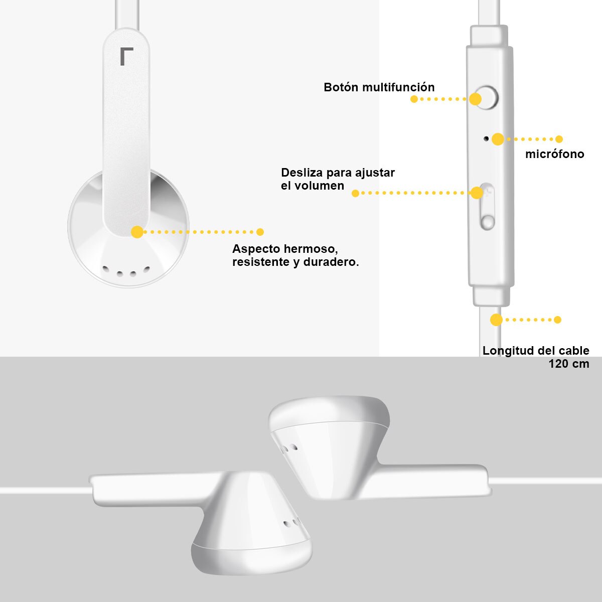 ExtraStar® Auriculares Blanco con micrófono, control de volumen, Adecuado para Teléfonos Móviles, Tabletas, MP3 y Otros Dispositivos de Audio de 3,5 mm, Negro sin micrófono