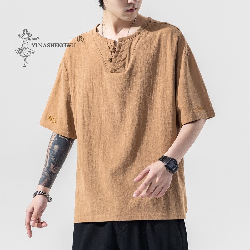 Japanse Kimono Korte Mouwen T-shirt Geborduurd Harajuku Yukata Japan Zomer Mannelijke Linnen Mannen Shirts Broek Aziatische Kostuum