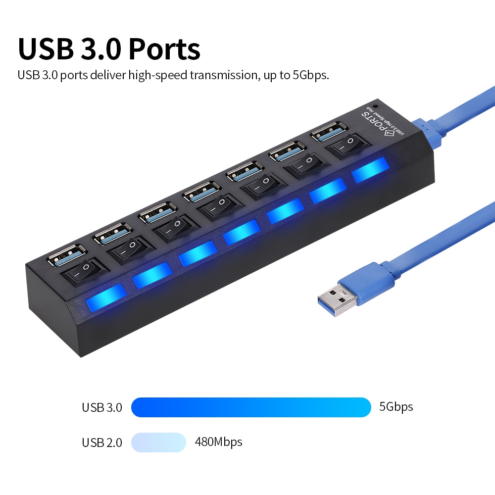 7- -poorts usb 3.0- hub usb-splitter 7- poorts expander met schakelaar voor pc