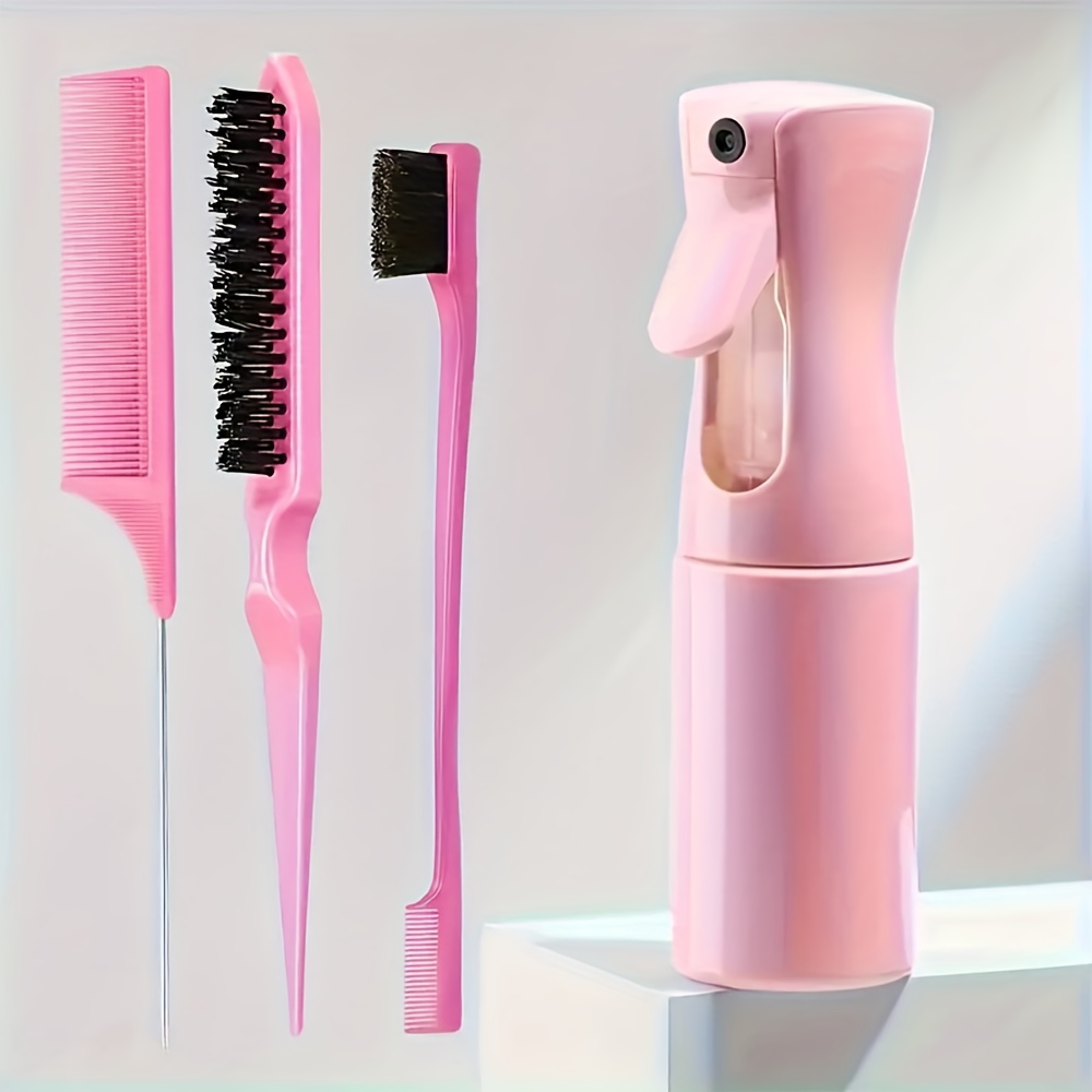 Juego de peines para peinar el cabello de 4 piezas: incluye cepillo para borde de cola de rata y cepillo negro liso, herramientas de peinado de peluquero para todo tipo de cabello: Rosa