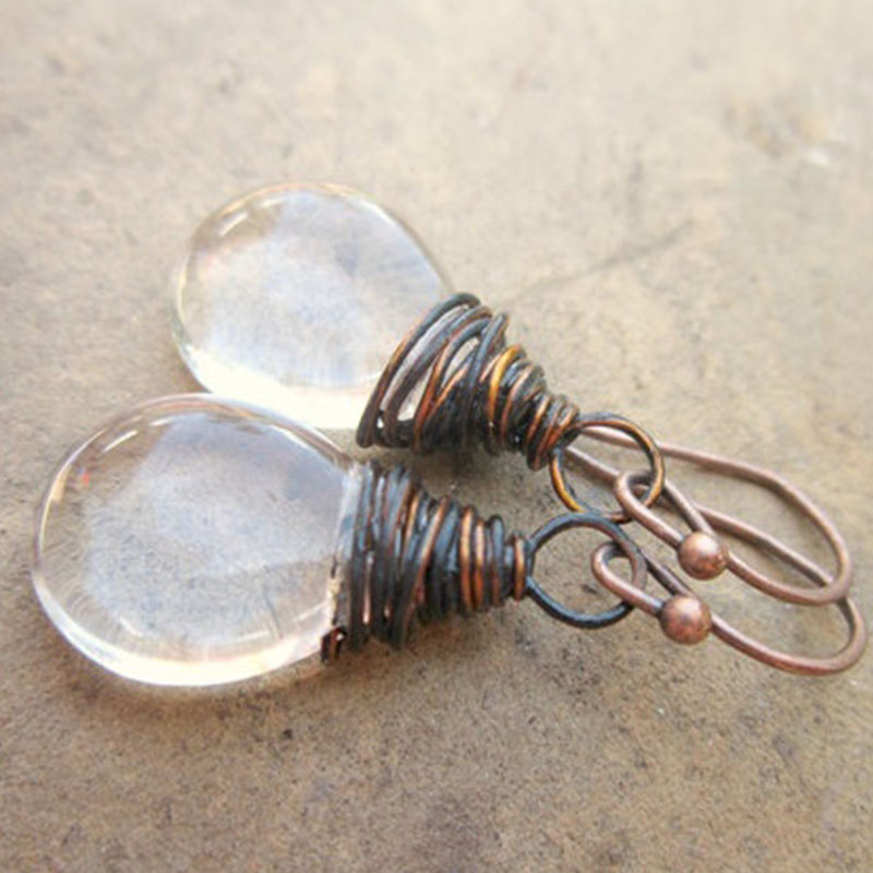 Clear Glass Dangle Earrings Oxidized Copper Wrapped Glass Earrings Czech Glass Earrings