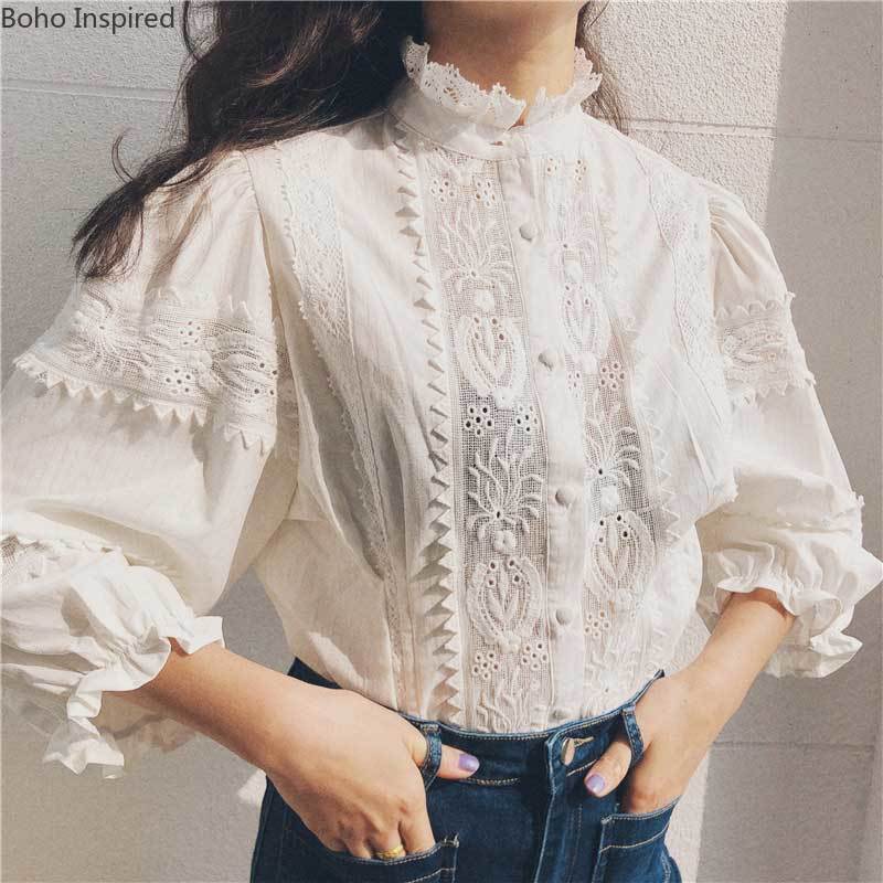 De inspiración Bohemia hueco encaje camisas de manga larga, blusa de las mujeres Floral bordado blanco Camisas de mujer BOHO camisa blusas