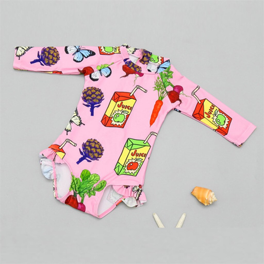 One-Piece Swimsuit for Girls Long Sleeve Multicolor Print With Headband Bikini Beachwear Cute Bathing Children's Swimsuit