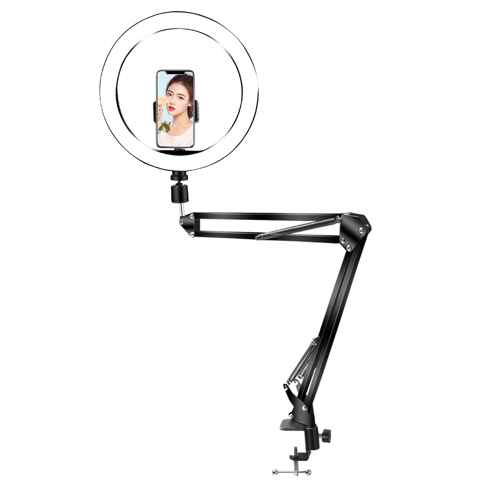 26cm/10inch Dimmable Ring Light With Long Arm Stand 3200-5500K Desktop Tablet Phone Holder Video Live Photography Selfie Light