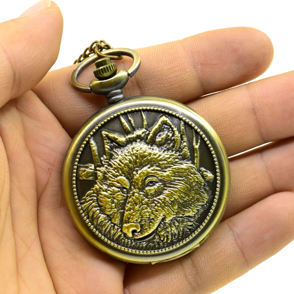 Cool Wolf Pocket Watch Vintage Retro Men Pocket Watch Emboss Round Bronze Alloy Quartz Dial Arabic Pocketwatch With chain