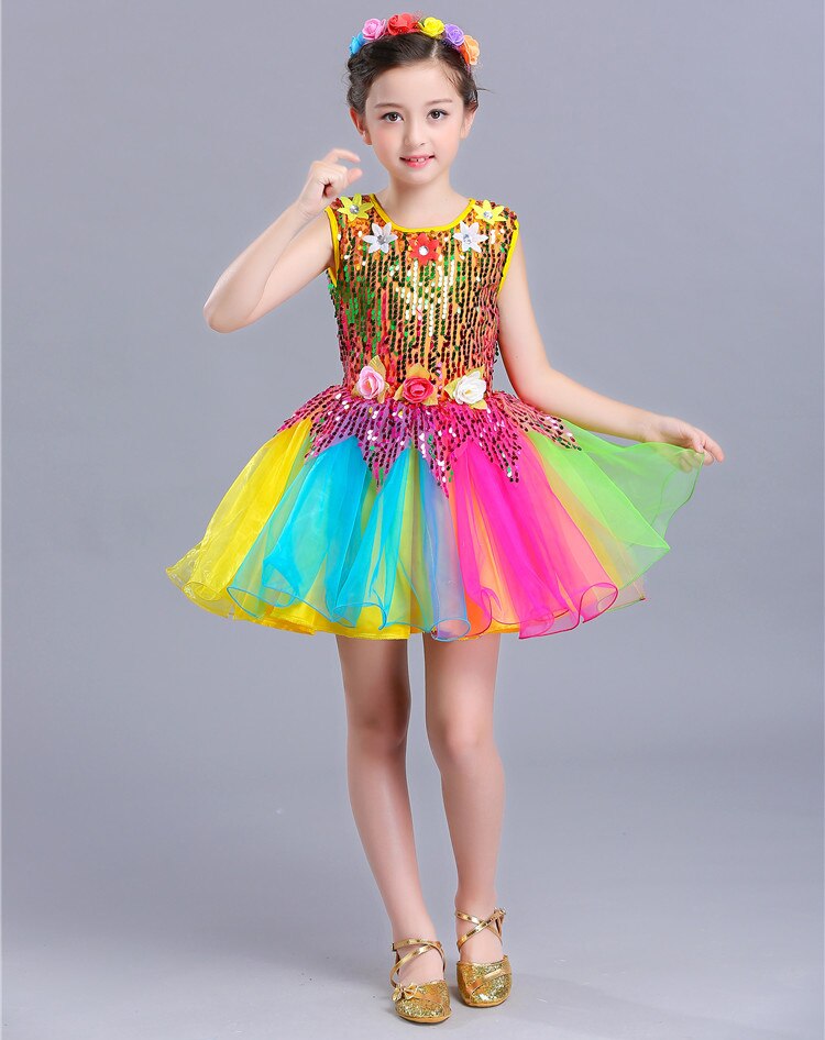 Kinderen Meisje Mouwloze Pailletten Ballerina Tule Ballet Jurk Bloem Regenboog Jazz Latin Dans Jurk Meisje Kleding Stage Performance