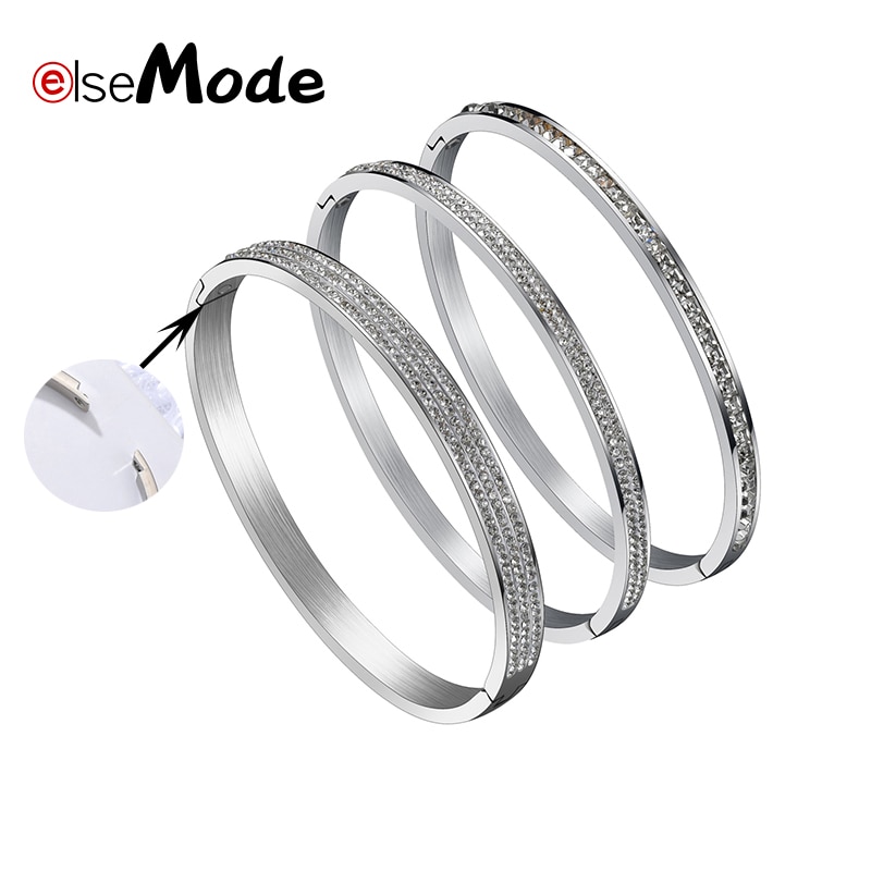 ELSEMODE à la cubique zircon manchette Bracelet en acier inoxydable trois rangées étincelant cristal amour Bracelet pour femmes fille bijoux