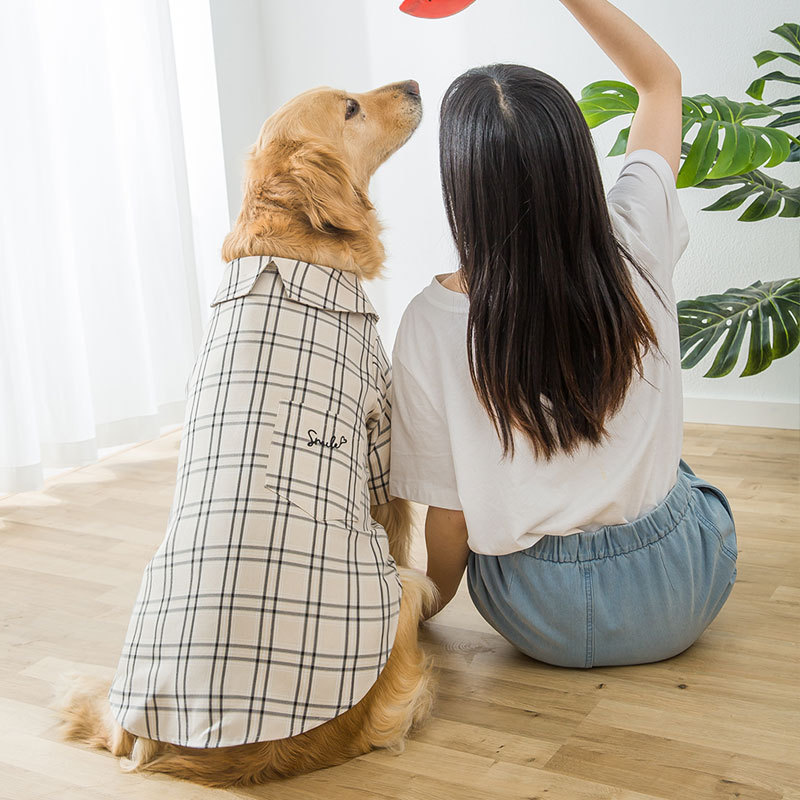 Camiseta clásica de rejilla a cuadros para mascotas, ropa para perro, atuendo con estilo, blusa de gran tamaño con solapa para perros medianos y grandes