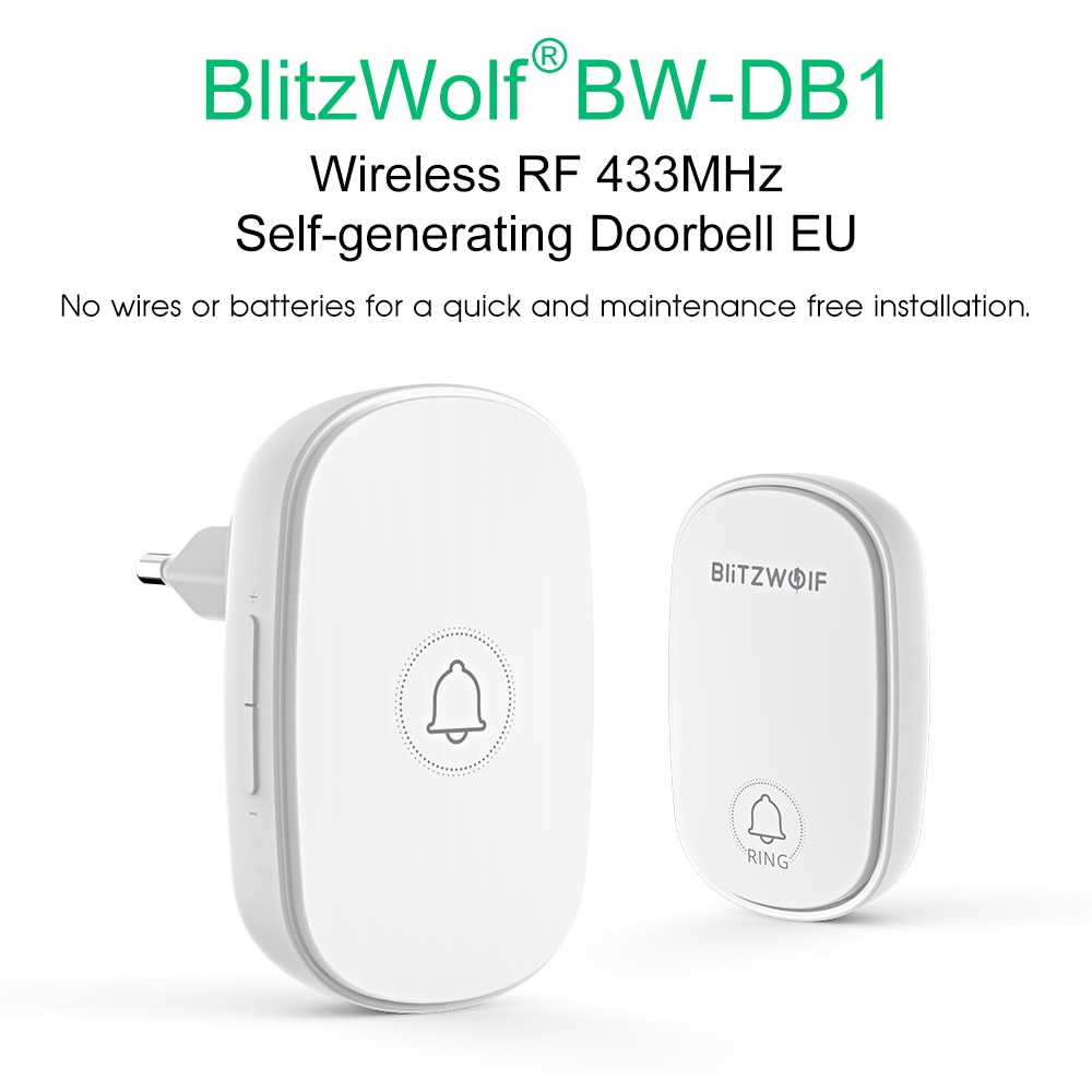 Blitzwolf BW-DB1 RF433Mhz Self-Power Draadloze Deurbel Eu Plug 38 Ringtones 4 Volume Niveaus Verstelbare Bell Deurbel Ontvanger