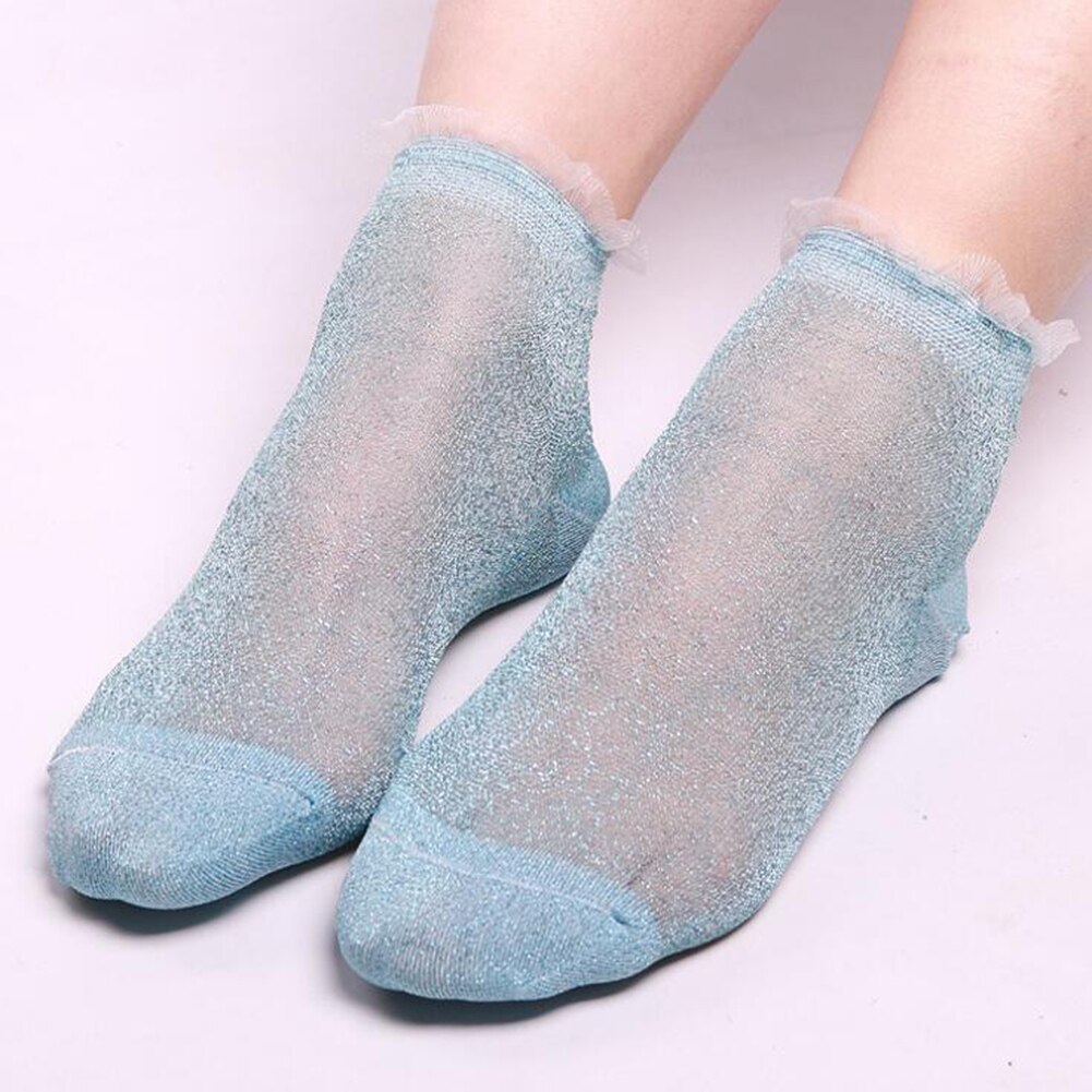 Glitter Ankles Socks Women Socks Spring Summer Shiny Hosiery Thin Casual Girls Sexy Foot Socks Crystal Lace Boat Socks: Blue