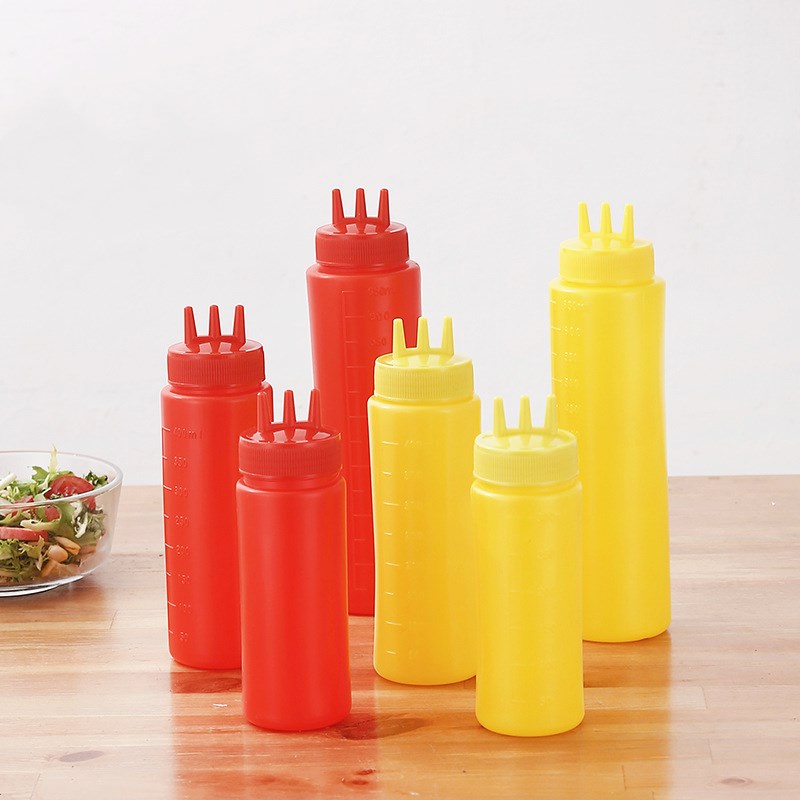 Food Grade 3 Gaten Twist Cap Plastic Squeeze Fles Ketchup Mosterd Mayo Sauzen Olijfolie Flessen Keuken Gadget