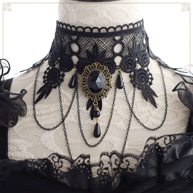 Gothic Victorian Black Lace Necklace Women Girl Boho Crystal Tassel Sexy Choker Steampunk Dark Loli Style Halloween Jewelry