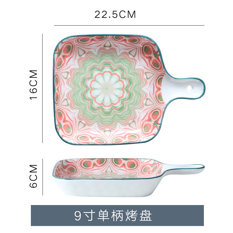 9" Bohemian Ceramic Square Salad Plates Dish Porcelain Baking Tray Dinner Plates Western Dish Japanese Household Dishware Plate: E