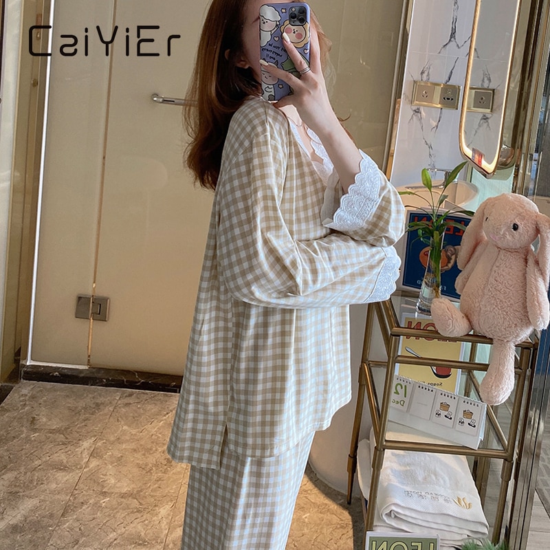 CAIYIER Women Grid Pajamas Set Princess Sweet Cute Sleepwear Sexy Lace Long Sleeve Pant V-Neck Loose Homewear 2Piece/Set