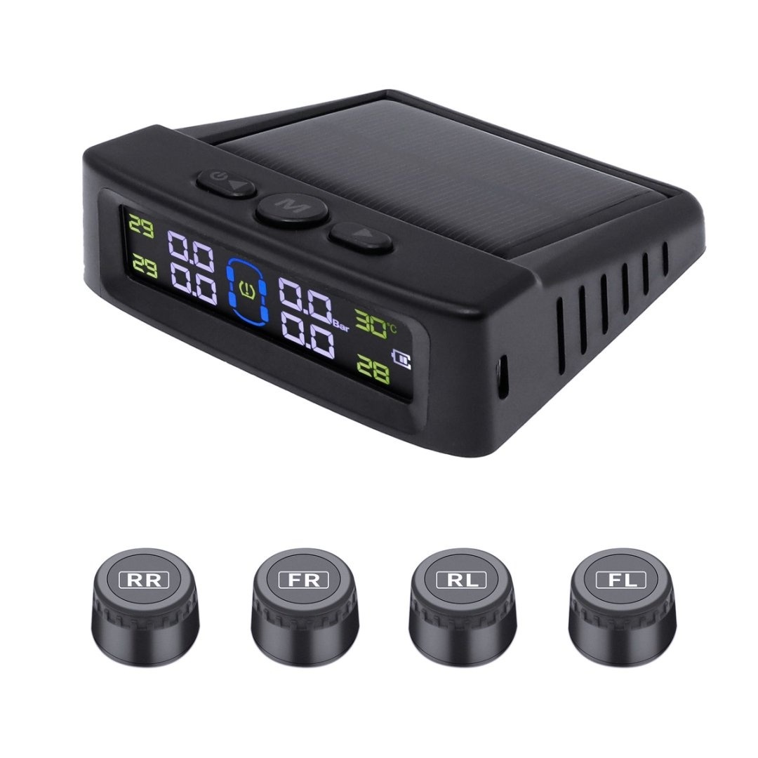 Tire Pressure Monitoring System Solar TPMS Sensors Temperature Warning Car TMPS 4 Wheel External Sensor Automobile Accessories: Dark Grey